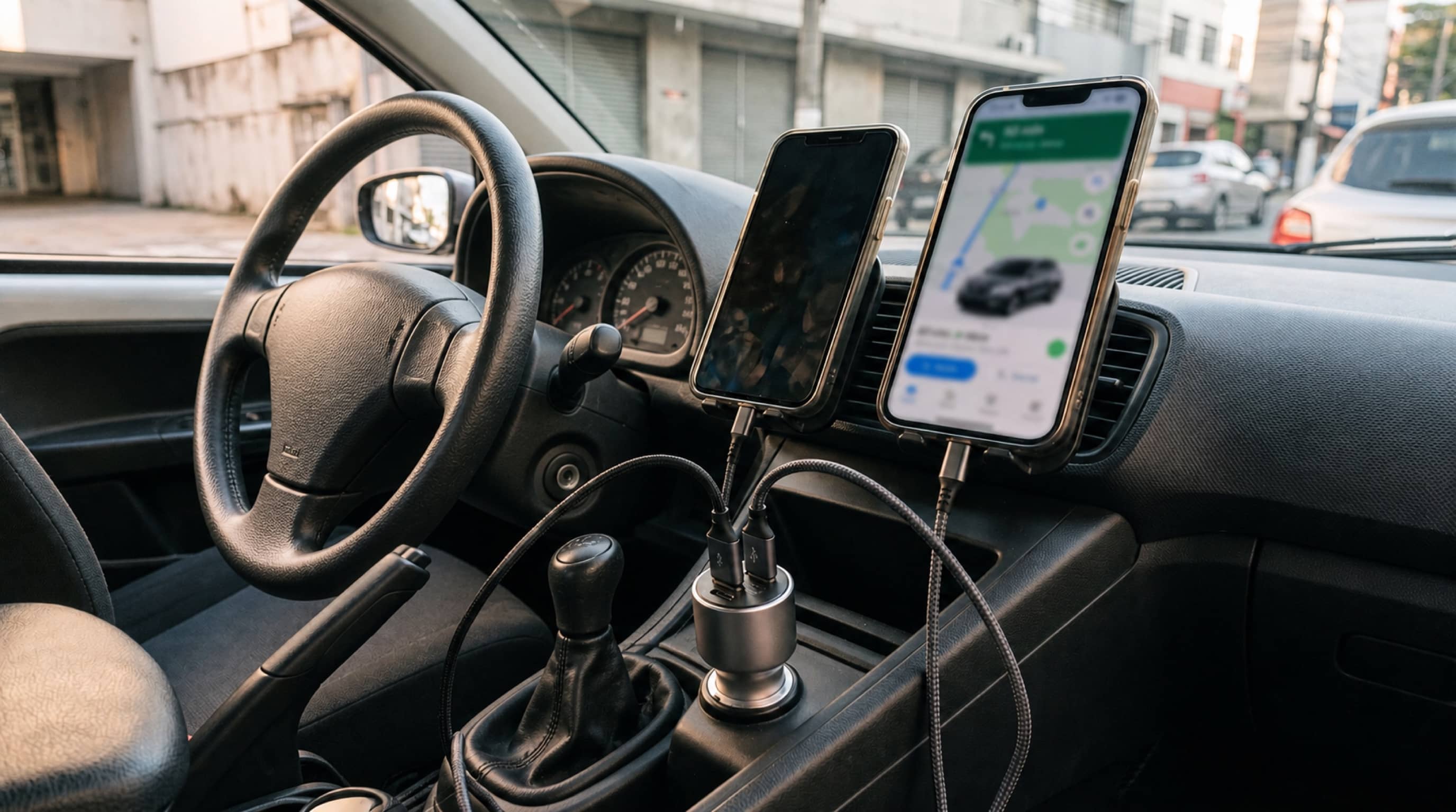Dois celulares conectados a carregador veicular USB-C no console de um carro