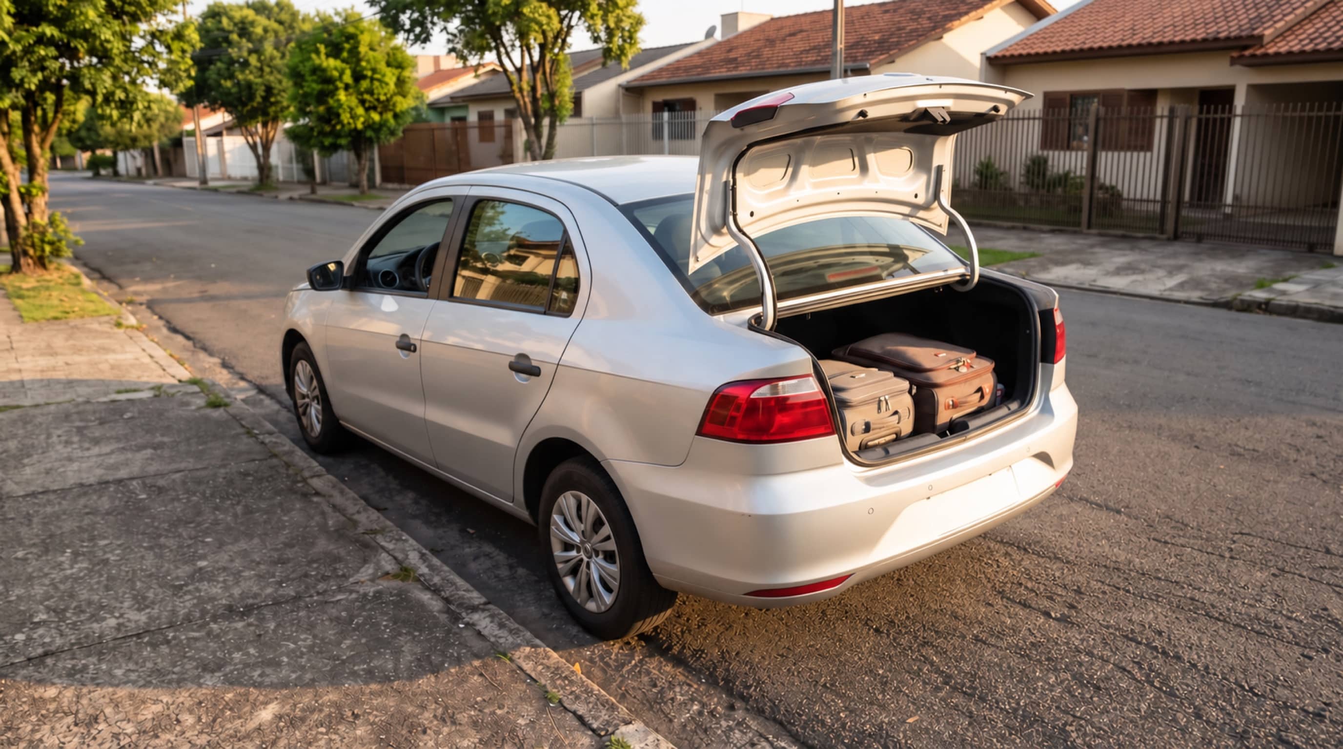 Sedã prateado com porta-malas aberto e duas malas estacionado em uma rua residencial