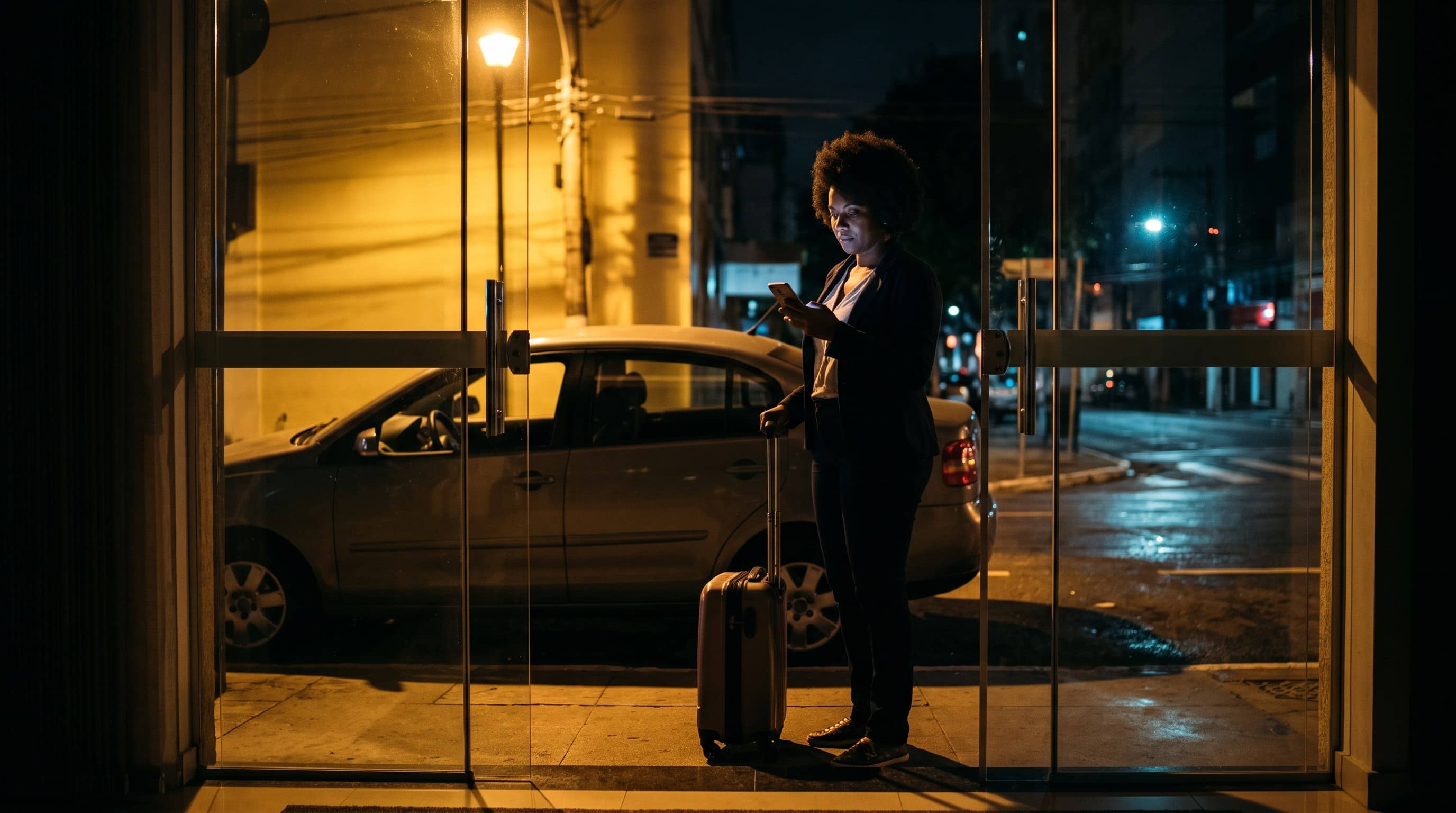 Passageira com mala consulta o celular na entrada iluminada de um prédio, com carro ao fundo